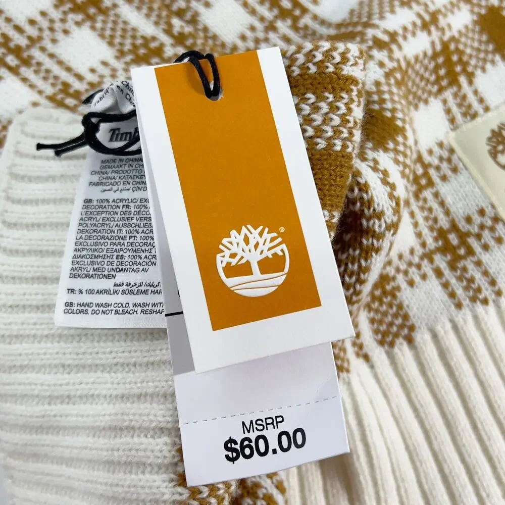 Timberland OS NEW Brown White Plaid Knit Long Scarf Outdoor Neck Warmer